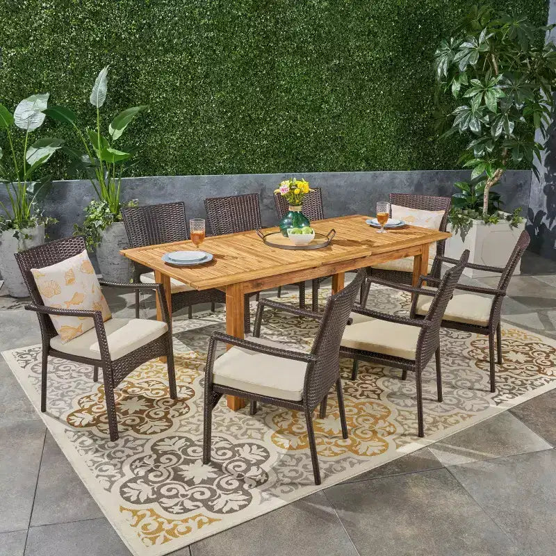 Davenport Set da pranzo espandibile 9 pezzi in legno e vimini: Struttura in acacia, Rattan PE - Christopher Knight Home