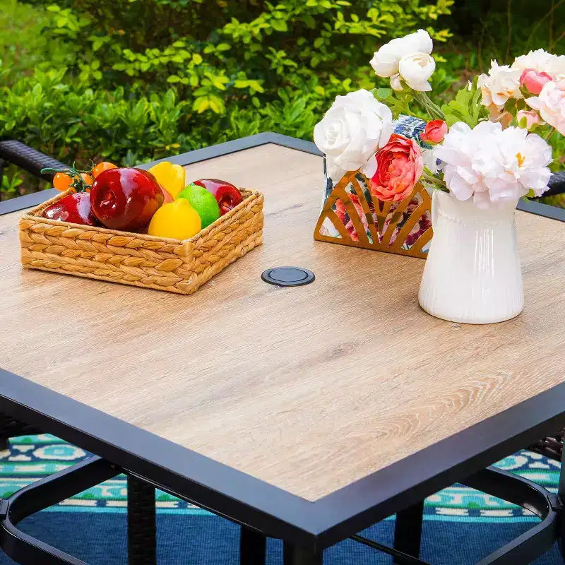 5pc Outdoor Dining Set with Swivel Chairs with Thick Seat & Back Cushions & Square Faux Wood Tabletop with Umbrella Hole - Captiva Designs