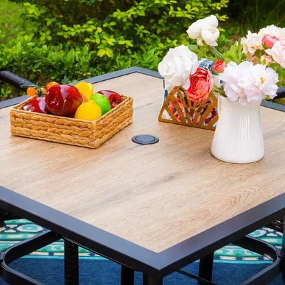 5pc Outdoor Dining Set with Swivel Chairs with Thick Seat & Back Cushions & Square Faux Wood Tabletop with Umbrella Hole - Captiva Designs
