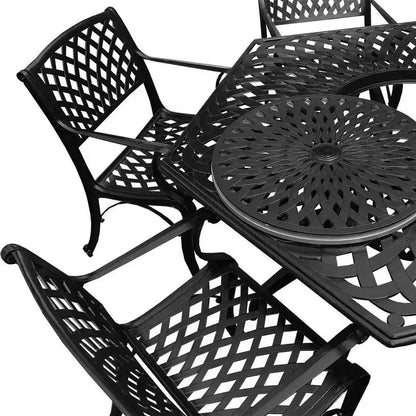 7pc Patio Dining Set with 63" Modern Ornate Outdoor Mesh Aluminum Large Hexagon Table & Modern Chairs - Black - Oakland Living: UV-Resistant