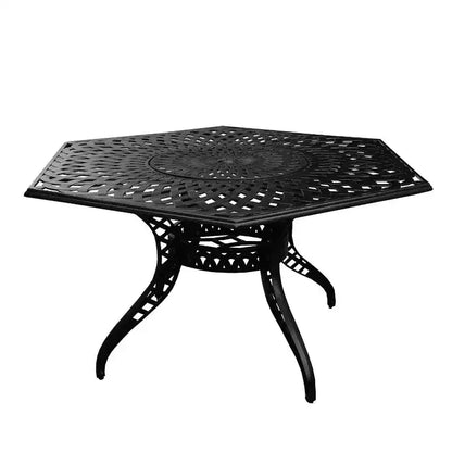 7pc Patio Dining Set with 63" Modern Ornate Outdoor Mesh Aluminum Large Hexagon Table & Modern Chairs - Black - Oakland Living: UV-Resistant