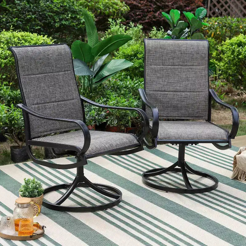 3pc Patio Dining Set with Small Square Table with Umbrella Hole & 360 Swivel Padded Sling Arm Chairs - Captiva Designs