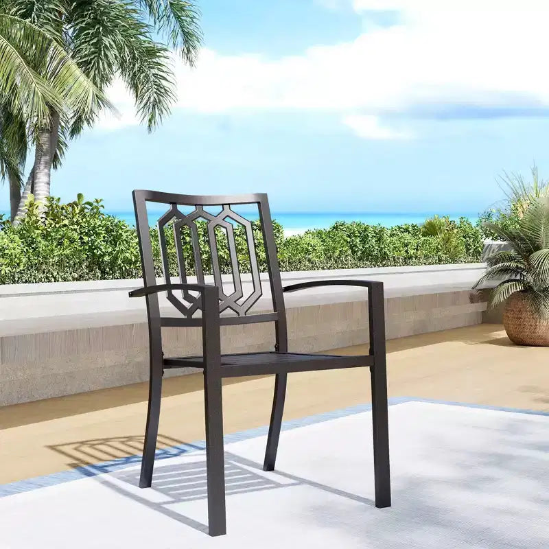 Set da pranzo da esterno 8 pezzi con tavolo con piano a doghe in metallo e sedie in ferro battuto - Nero/Beige - Captiva Designs