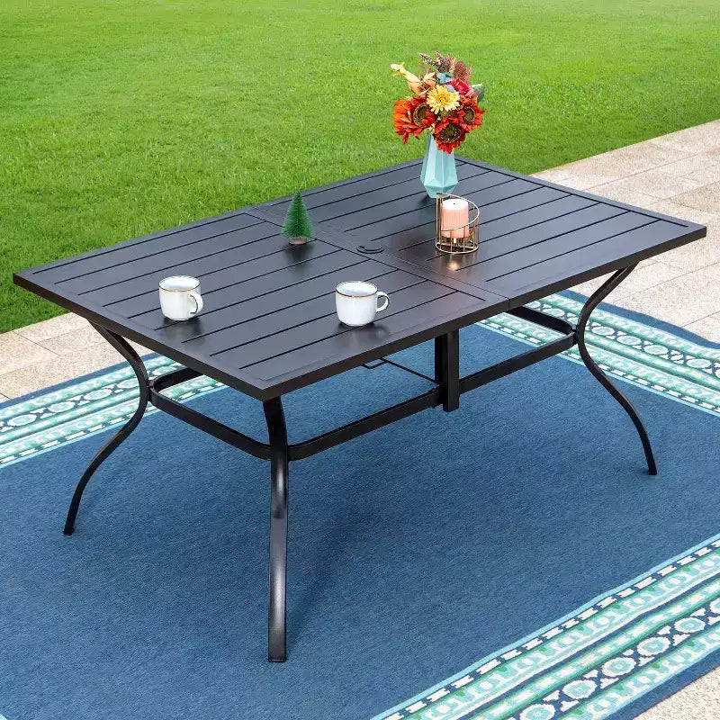 Set da pranzo da esterno 8 pezzi con tavolo con piano a doghe in metallo e sedie in ferro battuto - Nero/Beige - Captiva Designs