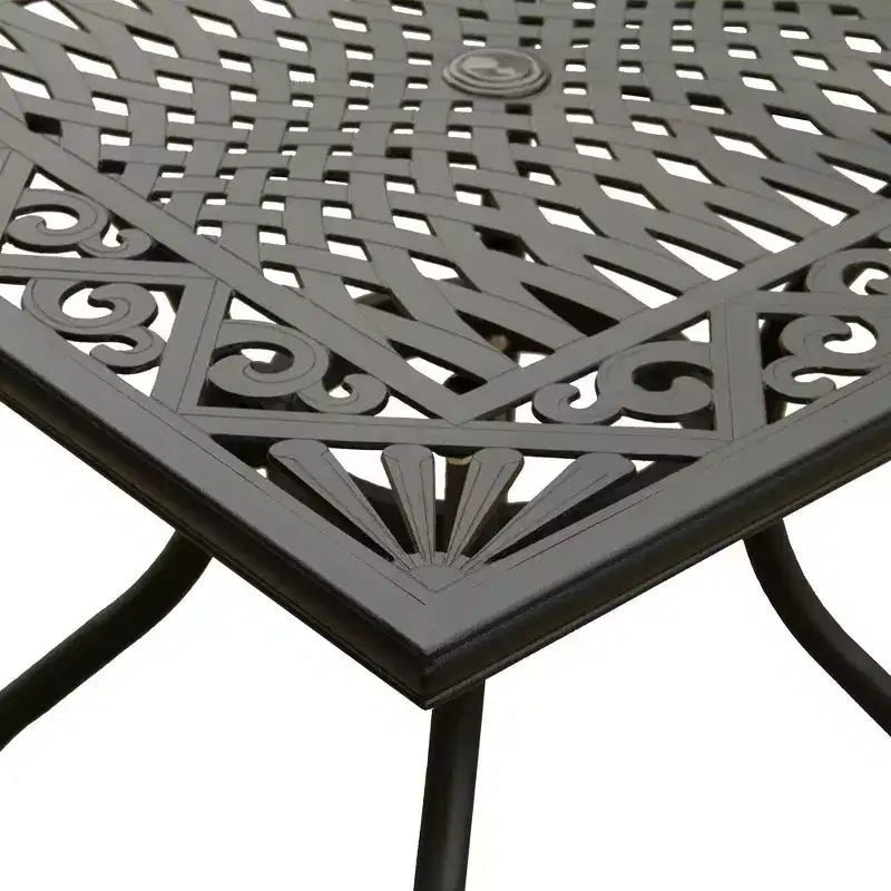 5pc Outdoor Set with Ornate 37" Mesh Aluminum Black Square Table with Modern Chairs - Oakland Living
