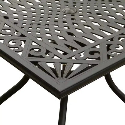5pc Outdoor Set with Ornate 37" Mesh Aluminum Black Square Table with Modern Chairs - Oakland Living