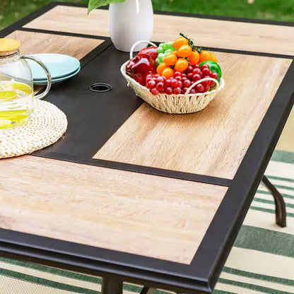 7pc Outdoor Dining Set: Black/Beige, Steel Frame, Water & Rust Resistant, 6 Arm Chairs, Rectangle Table, Patio Furniture