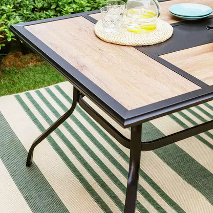 7pc Outdoor Dining Set: Black/Beige, Steel Frame, Water & Rust Resistant, 6 Arm Chairs, Rectangle Table, Patio Furniture