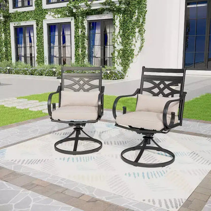 7pc Outdoor Dining Set: Black/Beige, Steel Frame, Water & Rust Resistant, 6 Arm Chairs, Rectangle Table, Patio Furniture