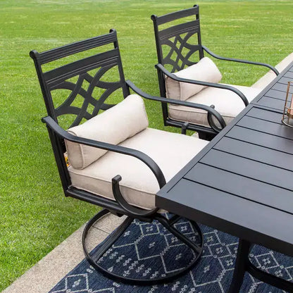 7pc Outdoor Dining Set: Black/Beige, Steel Frame, Water & Rust Resistant, 6 Arm Chairs, Rectangle Table, Patio Furniture