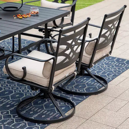 7pc Outdoor Dining Set: Black/Beige, Steel Frame, Water & Rust Resistant, 6 Arm Chairs, Rectangle Table, Patio Furniture
