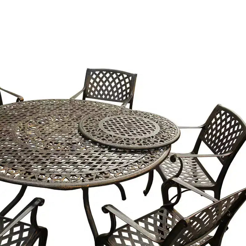 7pc Outdoor Dining Set with Ornate Traditional & Modern Contemporary Mesh Lattice Aluminum 59" Round Table - Bronze - Oakland Living