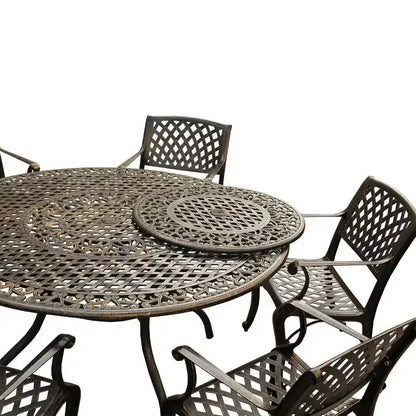 7pc Outdoor Dining Set with Ornate Traditional & Modern Contemporary Mesh Lattice Aluminum 59" Round Table - Bronze - Oakland Living