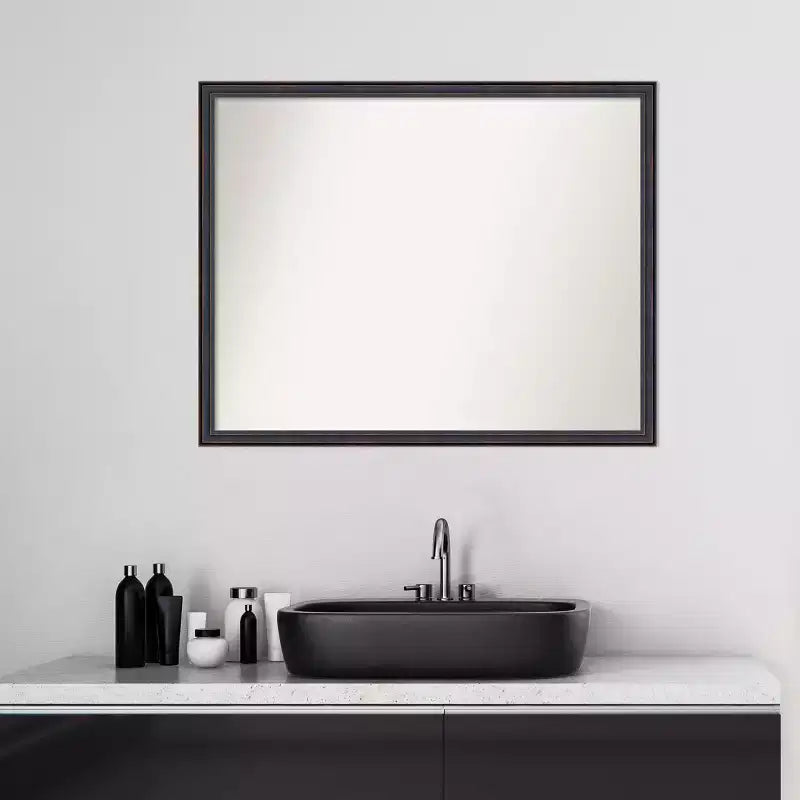 30" x 24" Non-Beveled Scoop Wood Bathroom Wall Mirror Dark Bronze - Amanti Art: Modern Rectangle, Wall Mount, Includes Hardware