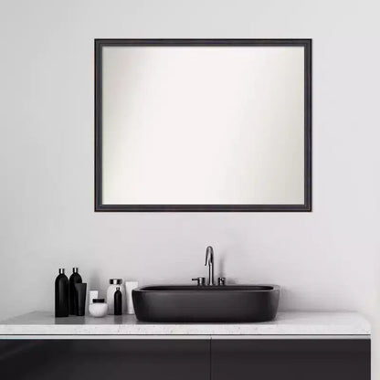 30" x 24" Non-Beveled Scoop Wood Bathroom Wall Mirror Dark Bronze - Amanti Art: Modern Rectangle, Wall Mount, Includes Hardware