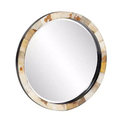 Howard Elliott 24" Godfrey Round Beveled Wall Mirror White and Tan Tiled Horn Frame