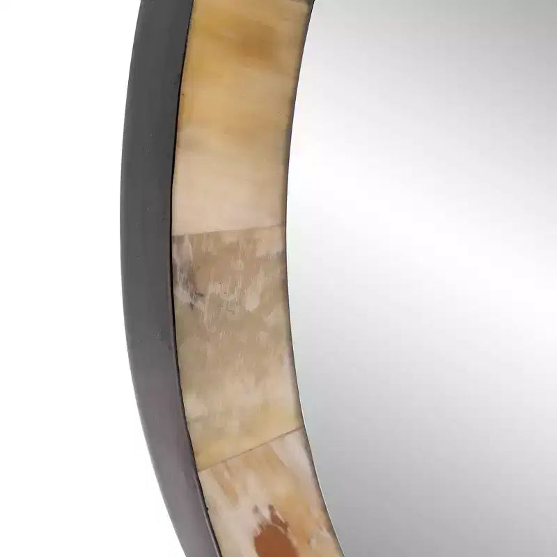 Howard Elliott 24" Godfrey Round Beveled Wall Mirror White and Tan Tiled Horn Frame