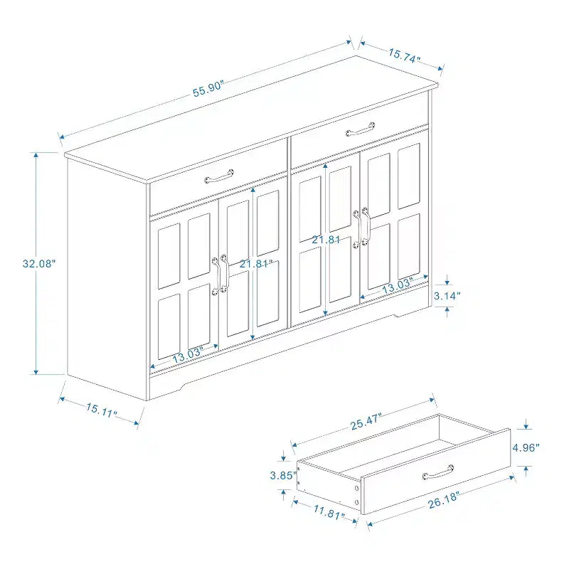 Credenza AndMakers in legno bianco da 55,91 pollici con ante dal design Shaker