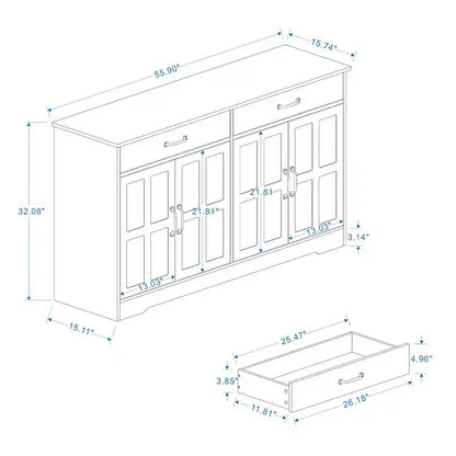 Credenza AndMakers in legno bianco da 55,91 pollici con ante dal design Shaker