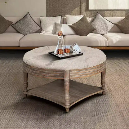 Large Round Ottoman Coffee Table,2 Tier Oversized Button Tufted Ottoman with Wooden Shelf Storage Farmhouse Upholstered Coffee Table
