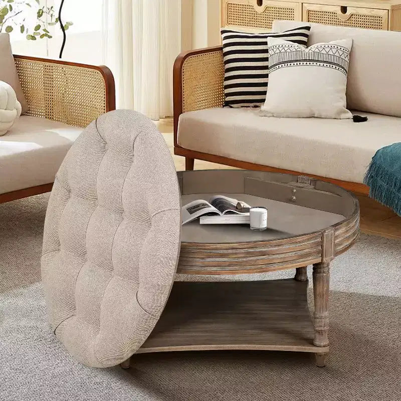 Large Round Ottoman Coffee Table,2 Tier Oversized Button Tufted Ottoman with Wooden Shelf Storage Farmhouse Upholstered Coffee Table