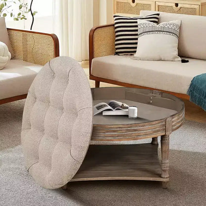 Large Round Ottoman Coffee Table,2 Tier Oversized Button Tufted Ottoman with Wooden Shelf Storage Farmhouse Upholstered Coffee Table