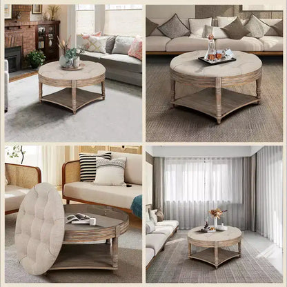 Large Round Ottoman Coffee Table,2 Tier Oversized Button Tufted Ottoman with Wooden Shelf Storage Farmhouse Upholstered Coffee Table