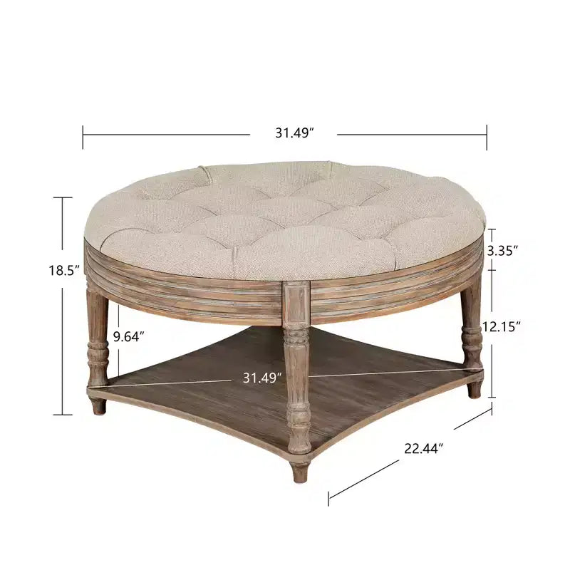 Large Round Ottoman Coffee Table,2 Tier Oversized Button Tufted Ottoman with Wooden Shelf Storage Farmhouse Upholstered Coffee Table