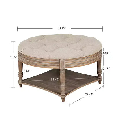 Large Round Ottoman Coffee Table,2 Tier Oversized Button Tufted Ottoman with Wooden Shelf Storage Farmhouse Upholstered Coffee Table