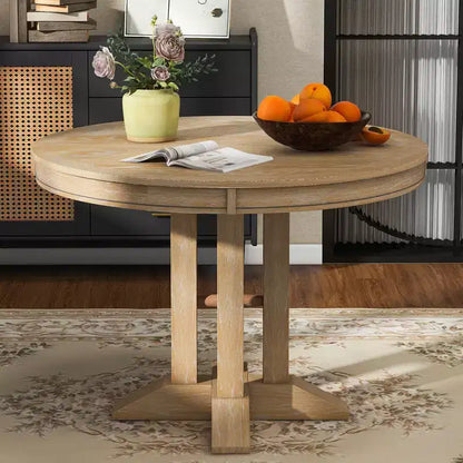 Whisen Farmhouse Style Wood Extendable Pedestal Base Dining Table with 14 in. Leaf