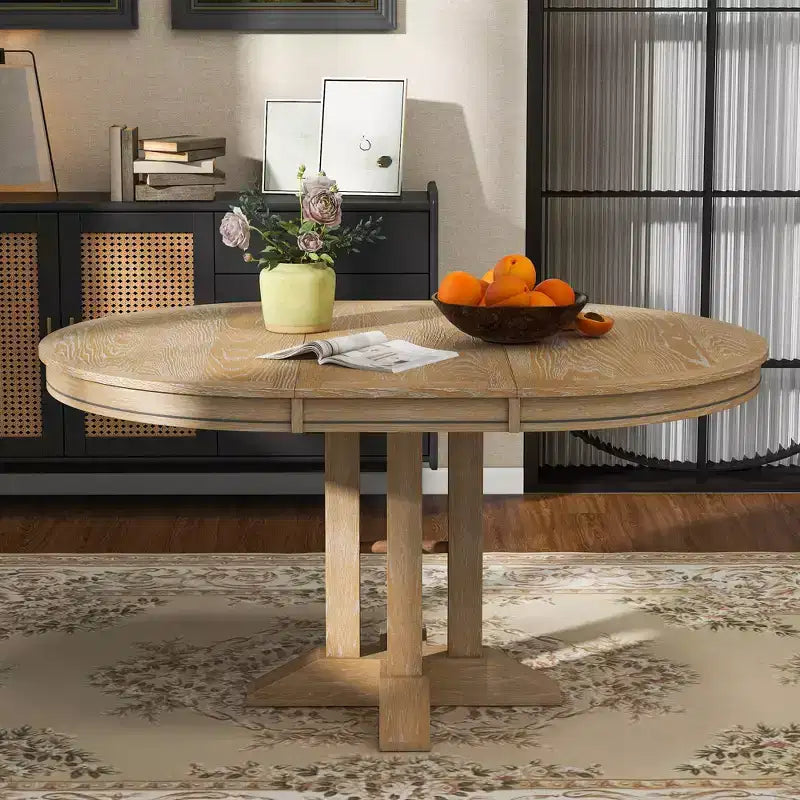 Whisen Farmhouse Style Wood Extendable Pedestal Base Dining Table with 14 in. Leaf