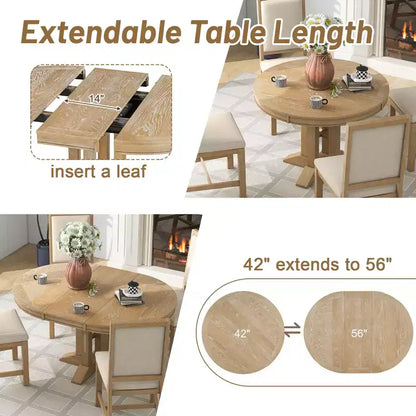 Whisen Farmhouse Style Wood Extendable Pedestal Base Dining Table with 14 in. Leaf
