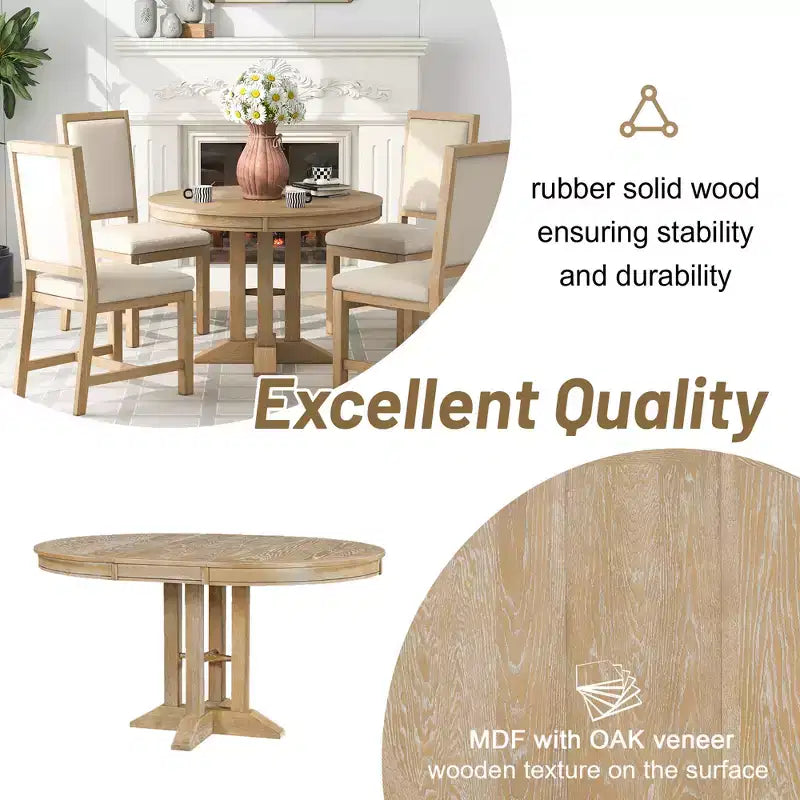 Whisen Farmhouse Style Wood Extendable Pedestal Base Dining Table with 14 in. Leaf