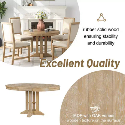 Whisen Farmhouse Style Wood Extendable Pedestal Base Dining Table with 14 in. Leaf