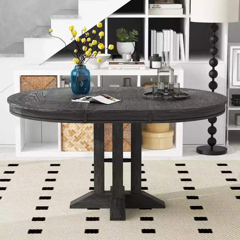 Whisen Farmhouse Style Wood Extendable Pedestal Base Dining Table with 14 in. Leaf