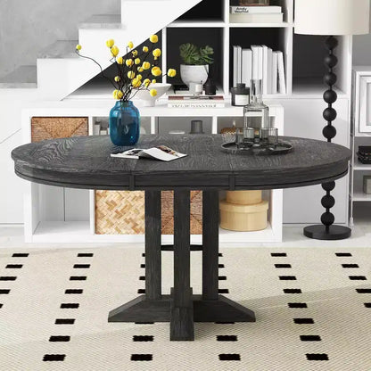 Whisen Farmhouse Style Wood Extendable Pedestal Base Dining Table with 14 in. Leaf