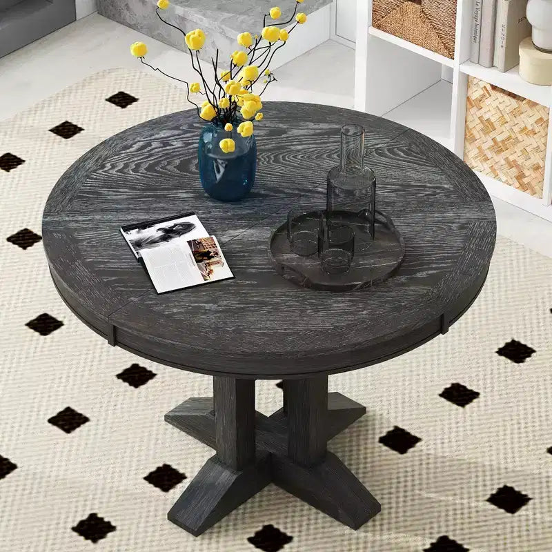 Whisen Farmhouse Style Wood Extendable Pedestal Base Dining Table with 14 in. Leaf