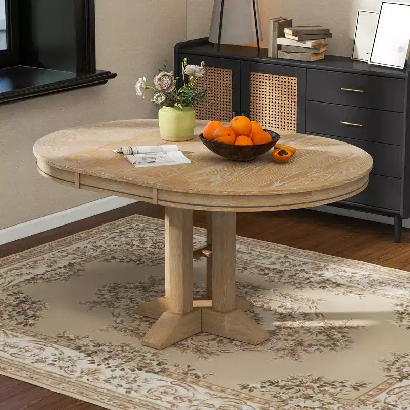 Whisen Farmhouse Style Wood Extendable Pedestal Base Dining Table with 14 in. Leaf