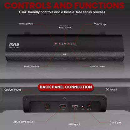 Pyle Wave Base Soundbar Wireless BT Streaming da Tavolo - Nero - PSBV162 - Include Telecomando e HDMI (ARC)
