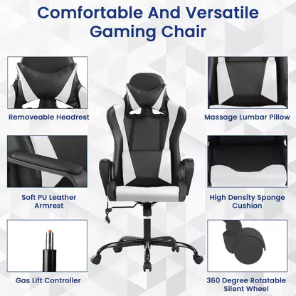 BestMassage Sedia da Gaming Sedia da Ufficio High-Back con Supporto Lombare Funzione Massaggio e Rotelle Girevoli in Pelle PU per Adulti e Ragazzi