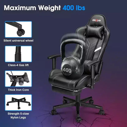 Douxlife Sedia da Gaming Ergonomica Moderna con Massaggio a 7 Punti, Poggiapiedi e Braccioli Regolabili, Nera