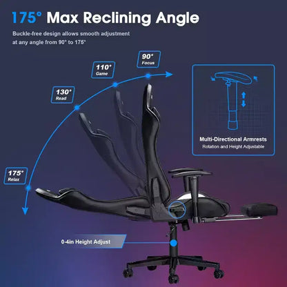 Douxlife Sedia da Gaming Ergonomica Moderna con Massaggio a 7 Punti, Poggiapiedi e Braccioli Regolabili, Nera