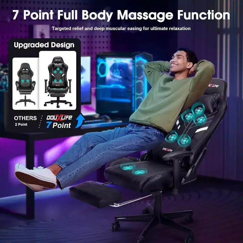 Douxlife Sedia da Gaming Ergonomica Moderna con Massaggio a 7 Punti, Poggiapiedi e Braccioli Regolabili, Nera