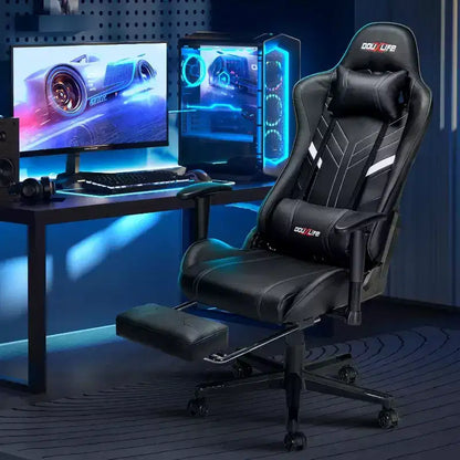 Douxlife Sedia da Gaming Ergonomica Moderna con Massaggio a 7 Punti, Poggiapiedi e Braccioli Regolabili, Nera