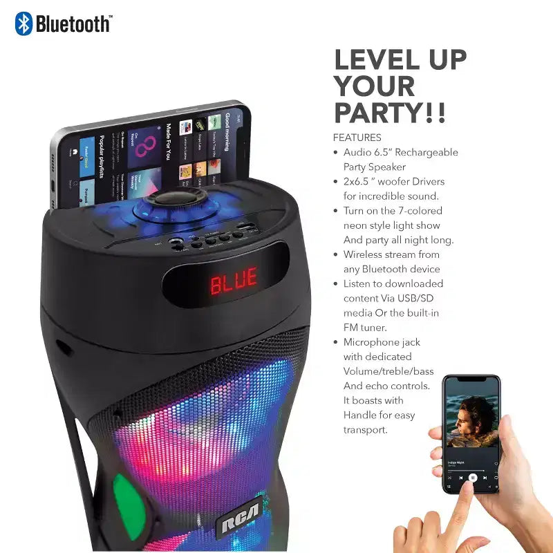 RCA Disco 206 RGB Wireless Party Speaker with Dual 6.5 Woofers With LED Lights