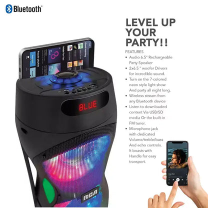 RCA Disco 206 RGB Wireless Party Speaker with Dual 6.5 Woofers With LED Lights