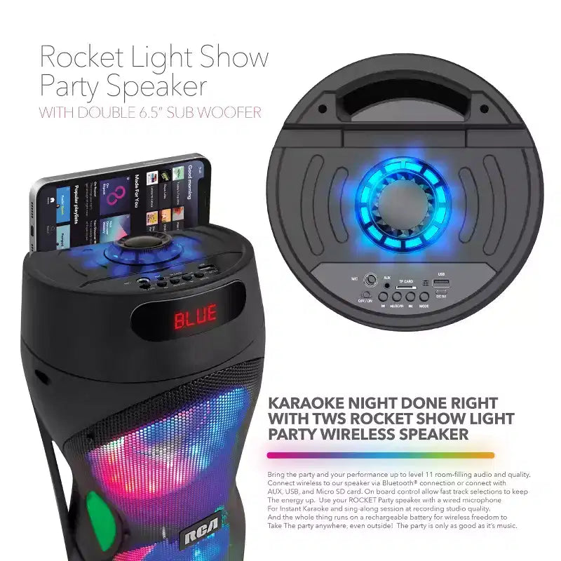 RCA Disco 206 RGB Wireless Party Speaker with Dual 6.5 Woofers With LED Lights