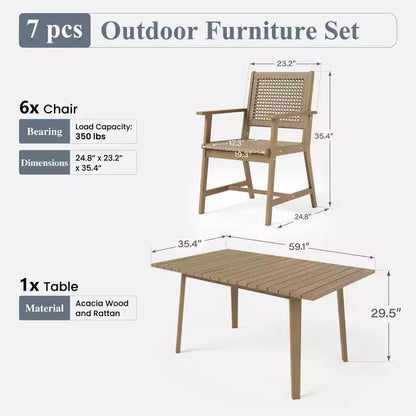 Captiva Designs Set da pranzo da esterno con sedie in rattan e 1 tavolo rettangolare in legno di acacia