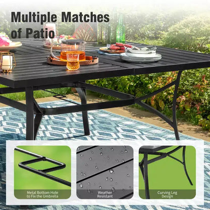 Captiva Designs Tavolo Quadrato in Metallo 9pz con Piano a Doghe Spazioso, Foro per Ombrellone e Sedie Pieghevoli Reclinabili in Tessuto Sling