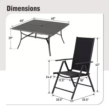 Captiva Designs Tavolo Quadrato in Metallo 9pz con Piano a Doghe Spazioso, Foro per Ombrellone e Sedie Pieghevoli Reclinabili in Tessuto Sling